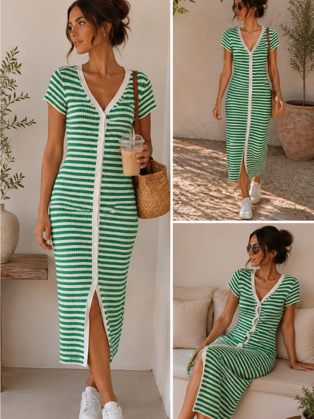 Mango Green & White Striped V‑Neck Button Midi Dress